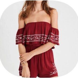 American Eagle Red Off-Shoulder Romper with Embroidery Women’s